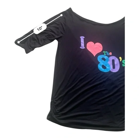 Vintage casual black top shirt L scooped neck line 3/4 ruched sleeve/hem graphic - Picture 6 of 12